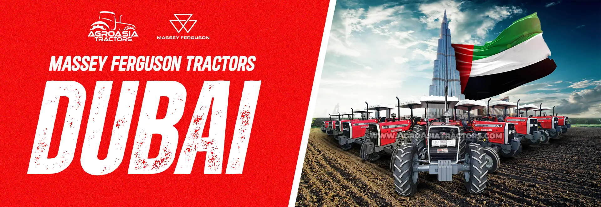 Massey Ferguson tractors for sale at AgroAsia International, serving Deira, Al Barsha South, JVC, JVT, Downtown Dubai, Dubai Marina, Palm Jumeirah, Dubai International City, Business Bay, Dubai Silicon Oasis, Dubai Sports City, and Dubai Investment Park.